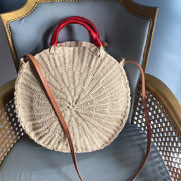 NWOT J. Crew colorful round straw pom pom crossbody circle tote hobo boho bag - Picture 2 of 16